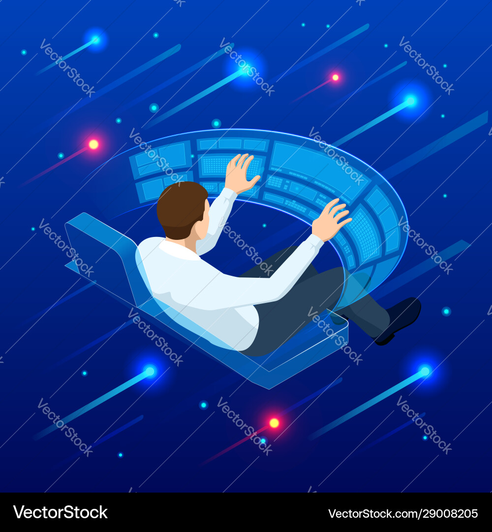 Isometric man touching virtual interface creating Isometric man touching virtual interface creating vector image