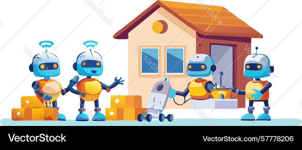Friendly robots building a house symbolizing Vector Image