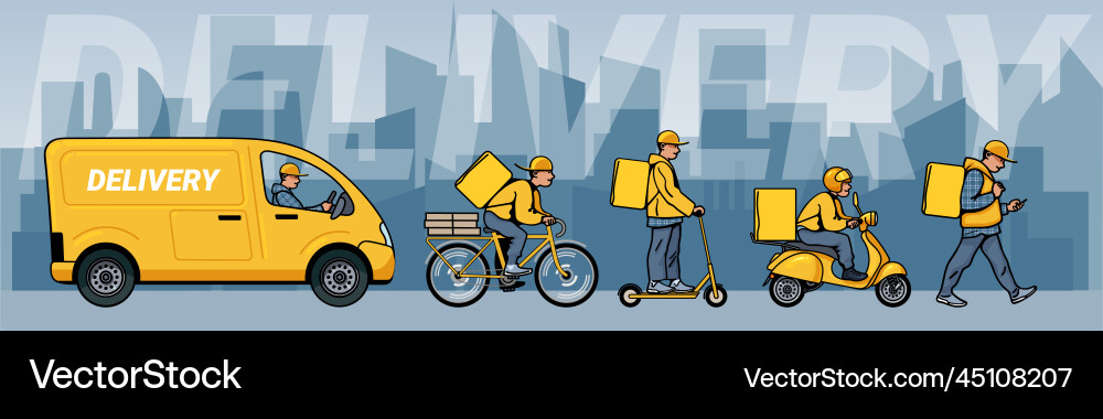 Cartoon delivery men on background of city Cartoon delivery men on background of city vector image
