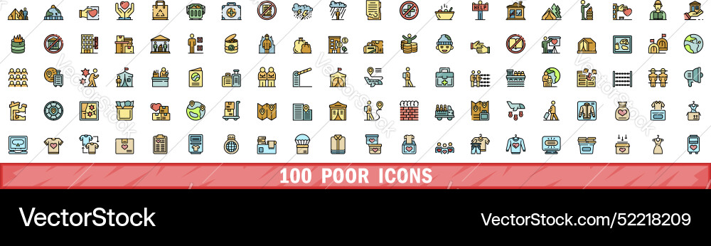 100 poor icons set color line style 100 poor icons set color line style vector image