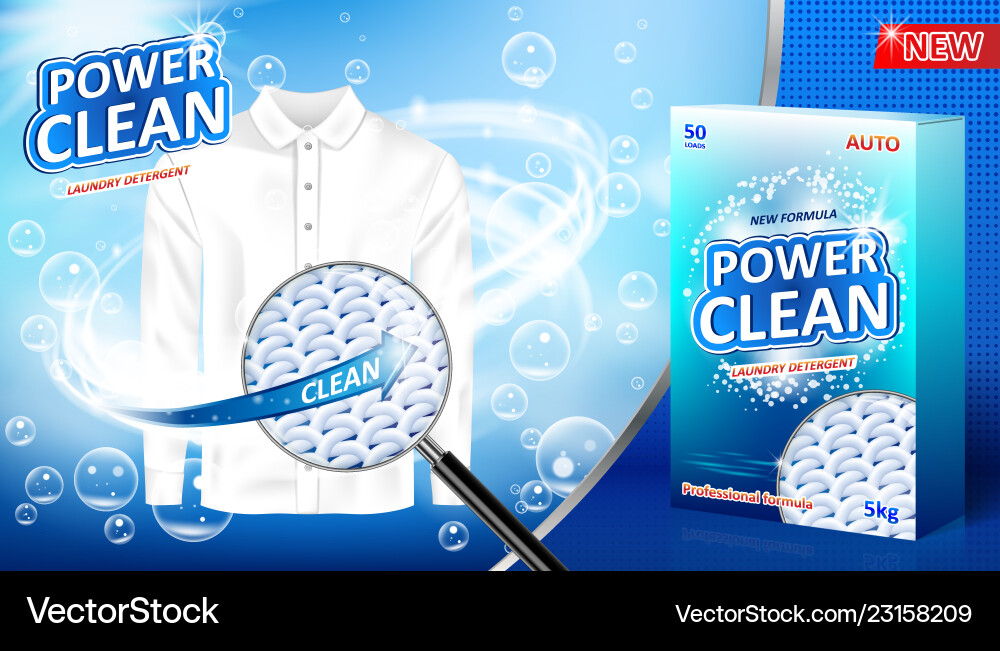 Laundry detergent ad stain remover package design vector image