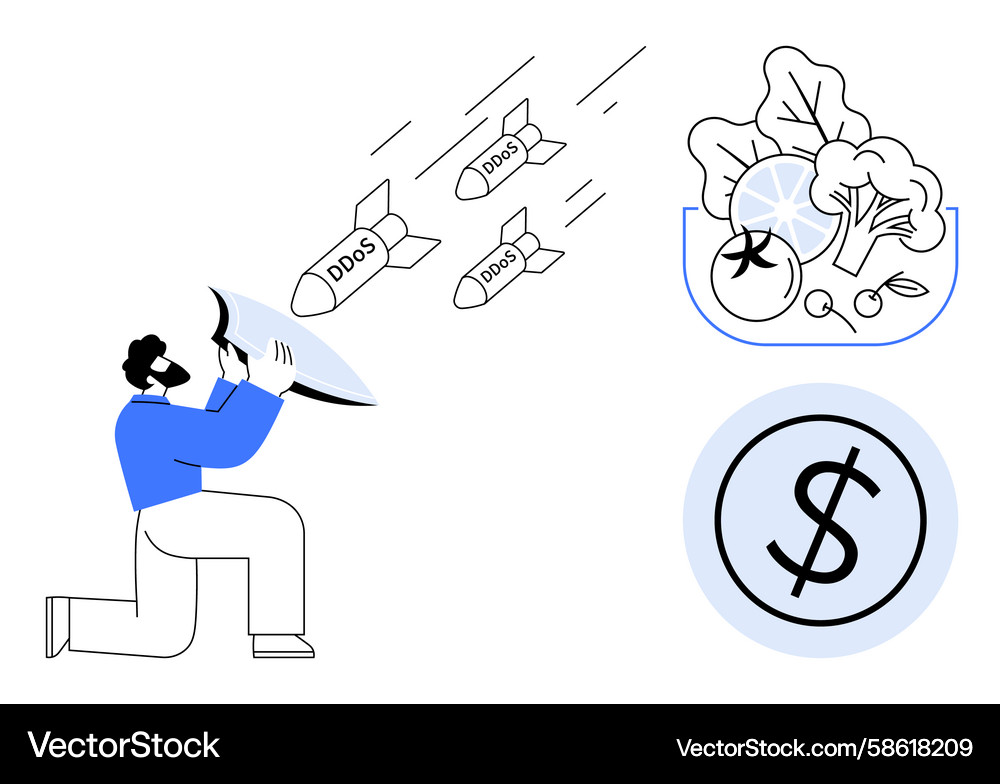 Man protecting against ddos attacks with shield Man protecting against ddos attacks with shield Vector Image