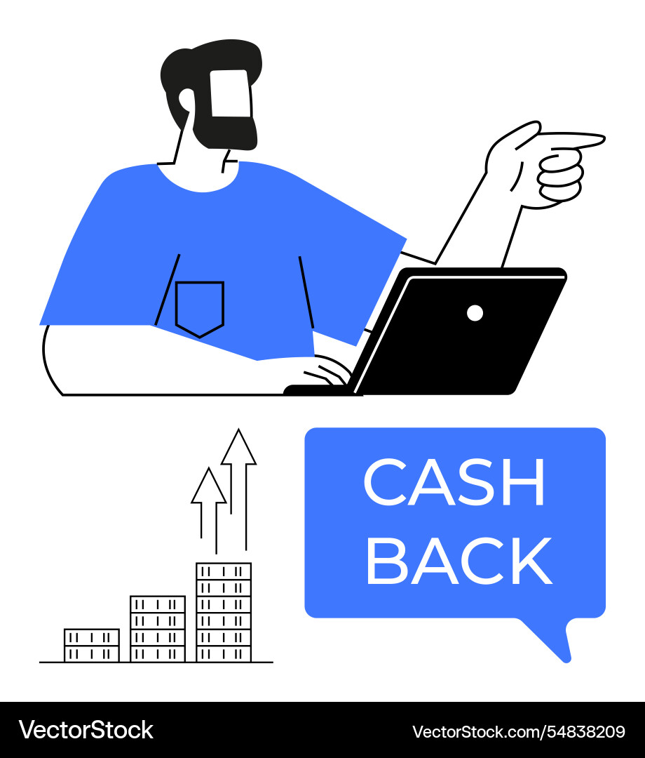 Man using laptop and pointing with cash back Vector Image