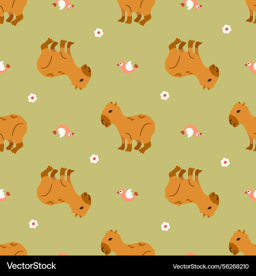 Whimsical pattern with capybara and birds vector image