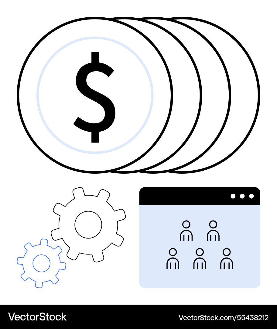 Dollar coins gears and a user interface window Dollar coins gears and a user interface window vector image