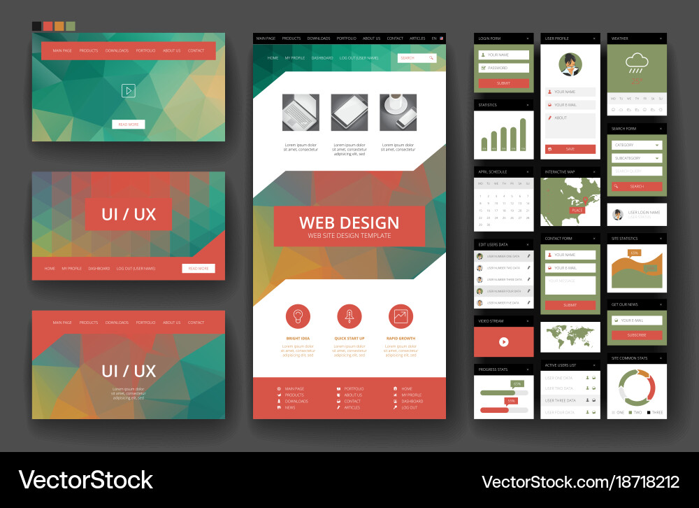 Website design template and interface elements vector image