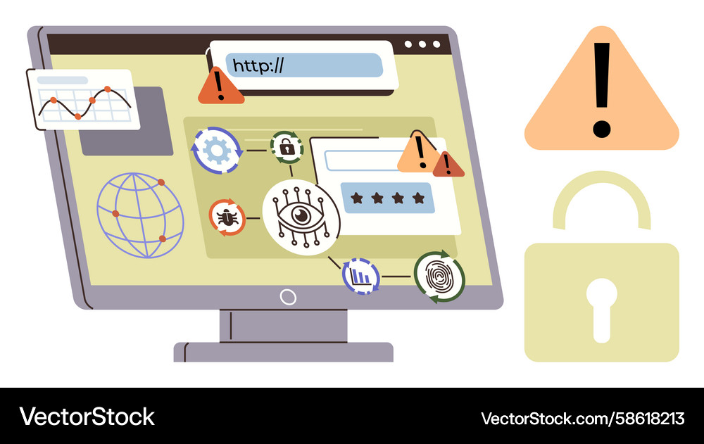 Cybersecurity threats displayed on computer screen Cybersecurity threats displayed on computer screen Vector Image