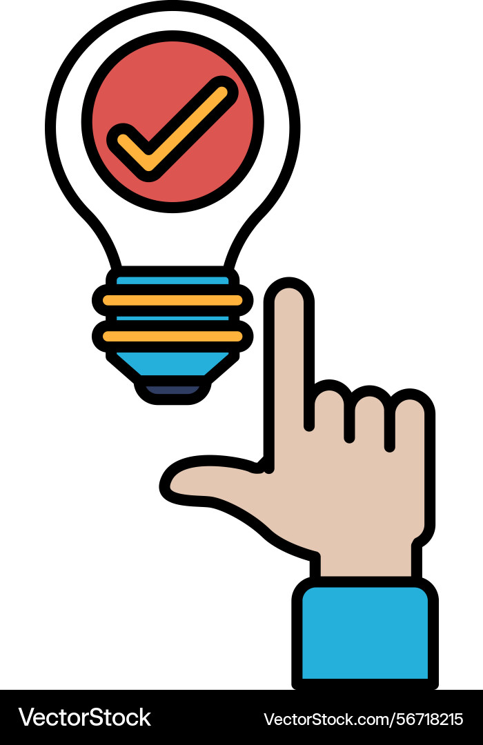 A hand pointing to light bulb with check mark A hand pointing to light bulb with check mark vector image
