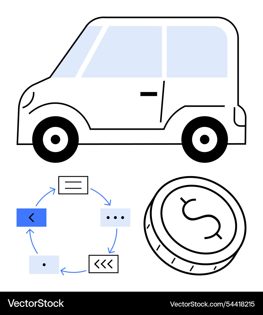 Car outline with circular flowchart and coin vector image