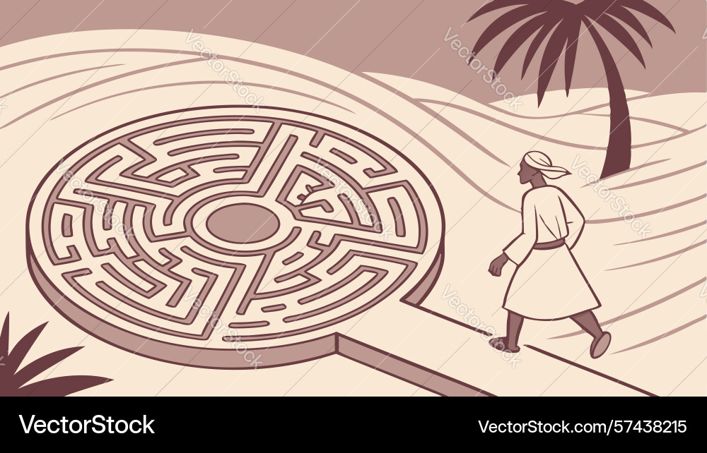 Person navigating a complex ancient maze design vector image