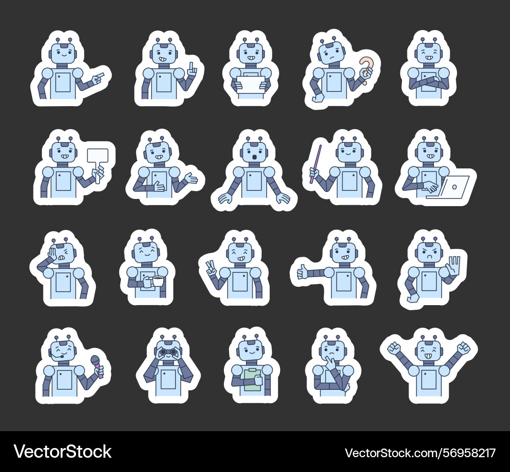 Robot guide character set with android features Robot guide character set with android features vector image