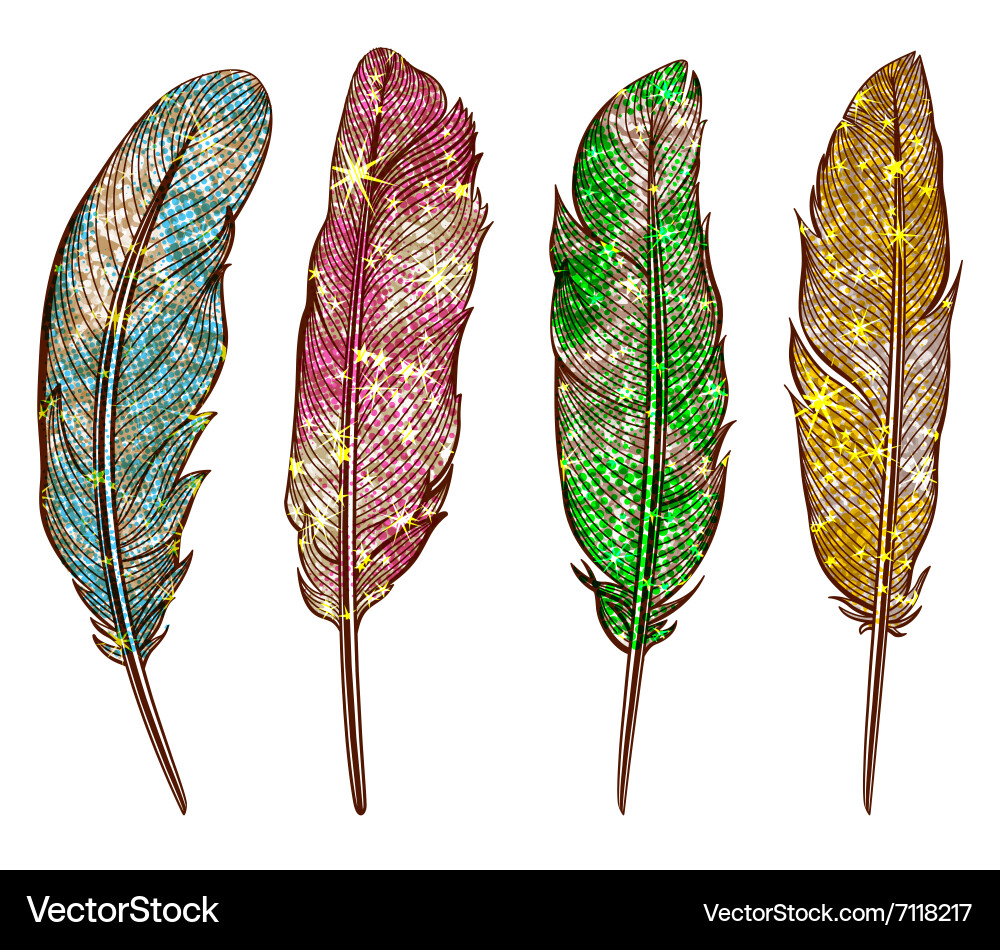 Set of isolated shining feathers metallic effect vector image