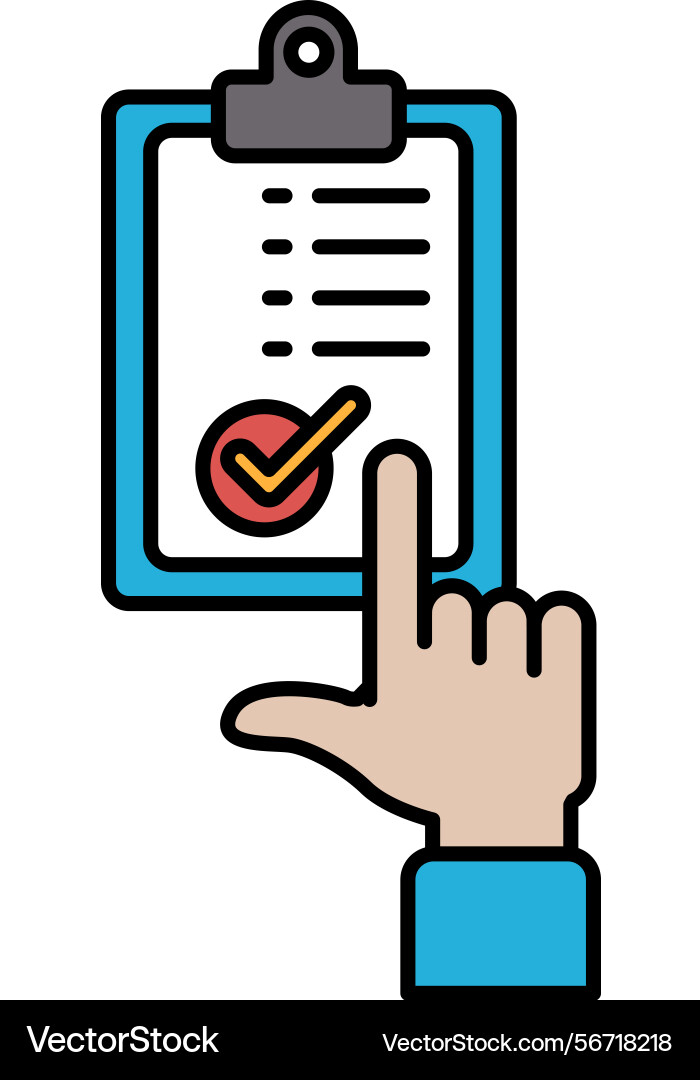 A hand pointing at checklist with checkmark A hand pointing at checklist with checkmark Vector Image