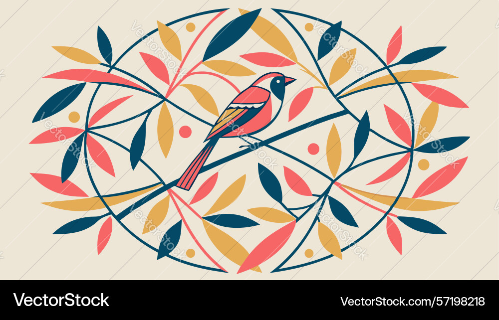 Bird in circular botanical pattern abstract Vector Image