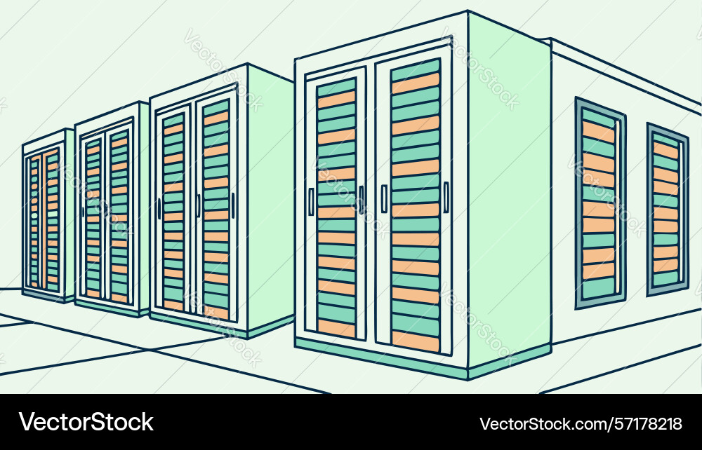 Isometric server room with rows of data racks vector image