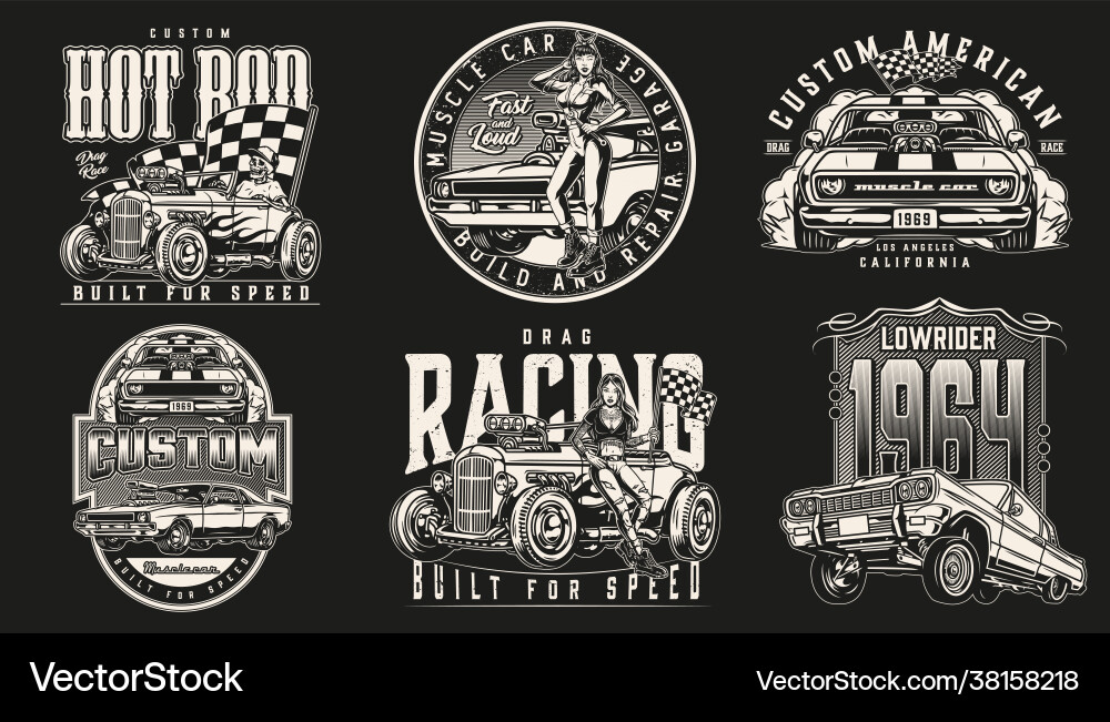 Vintage monochrome custom cars badges Vector Image
