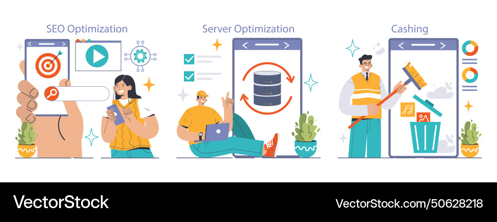 Website optimization set enhancing search Website optimization set enhancing search Vector Image