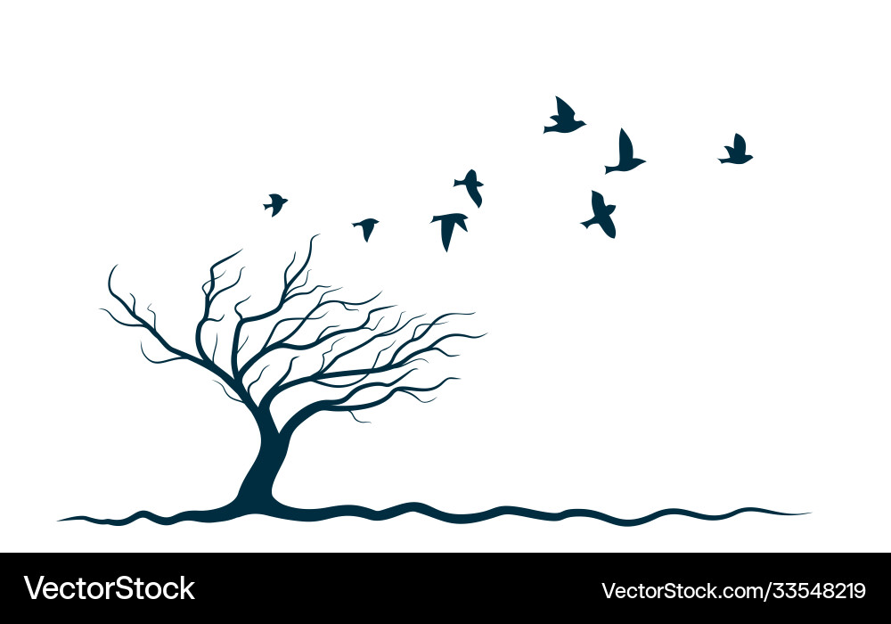Autumn Tree Silhouette with Birds Vector Image