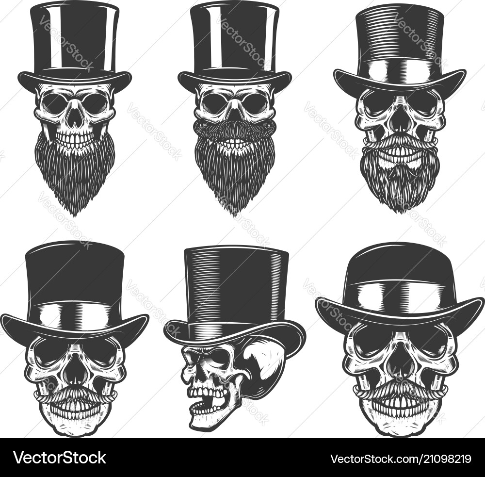 Set skulls in retro hats design element Set skulls in retro hats design element vector image