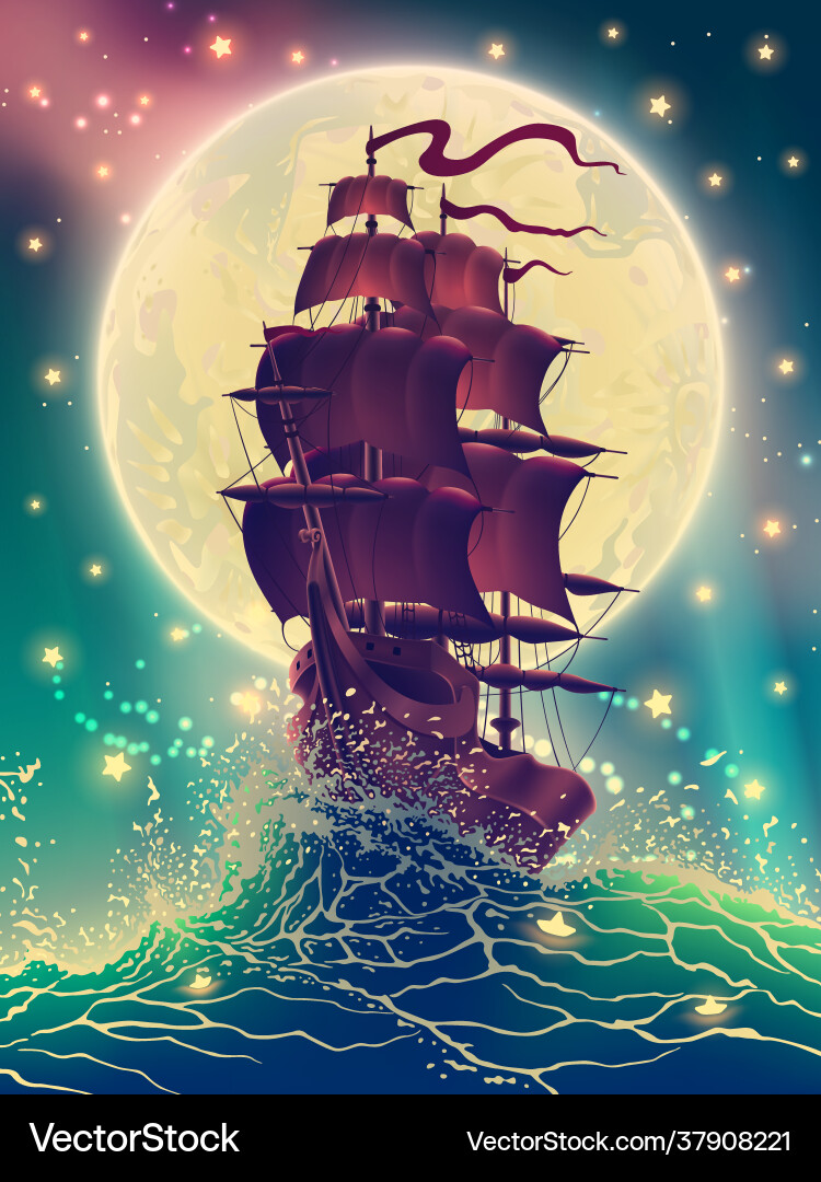 Ship with sails on waves water splashes Ship with sails on waves water splashes vector image