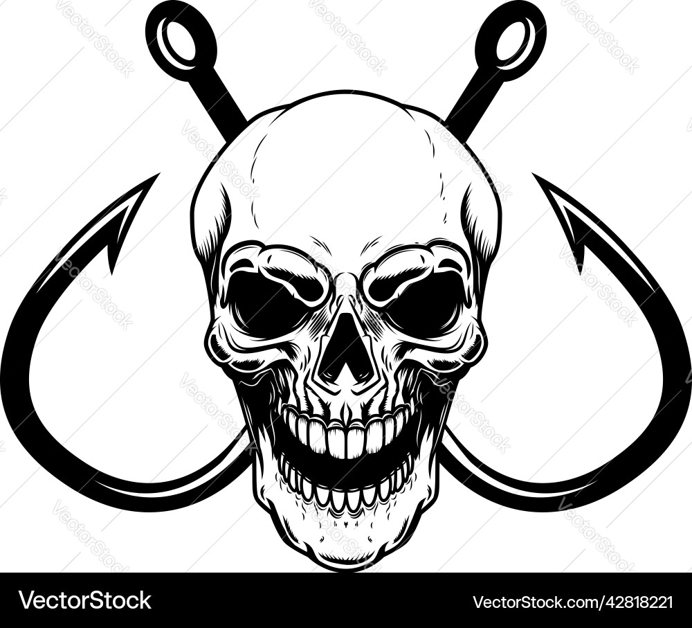 Skull with crossed fishing hooks design element Skull with crossed fishing hooks design element vector image