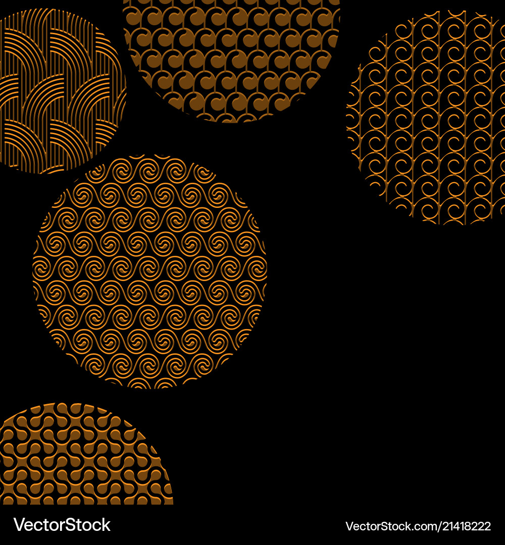 Golden circles with different patterns on black vector image