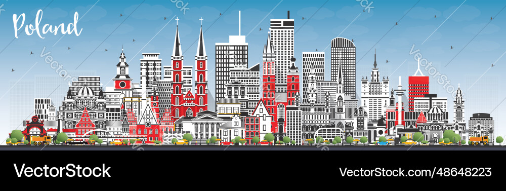 Poland city skyline with gray buildings and blue Poland city skyline with gray buildings and blue vector image