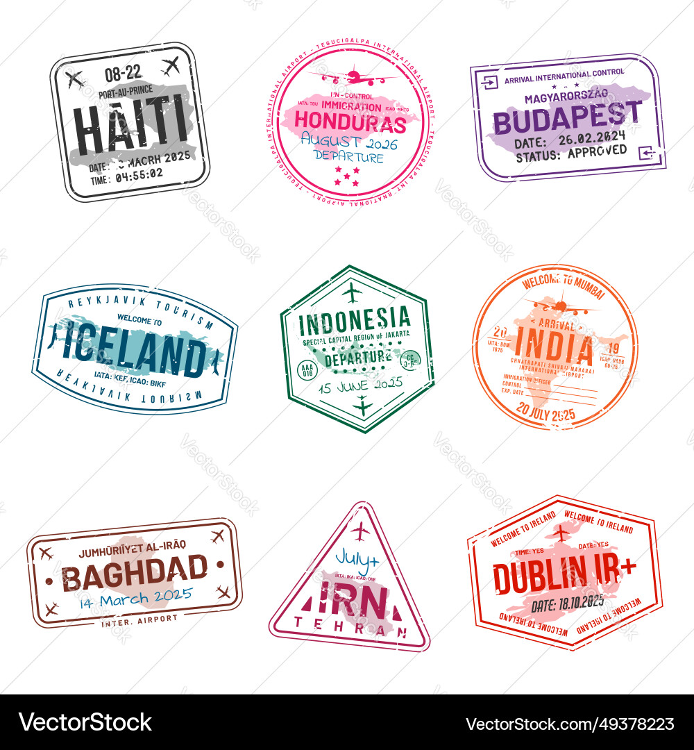 Set of travel visa stamps for passports abstract Set of travel visa stamps for passports abstract vector image