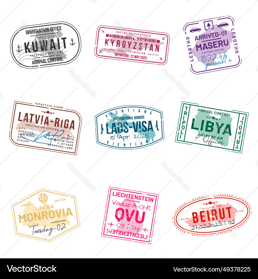 Set of travel visa stamps for passports abstract vector image