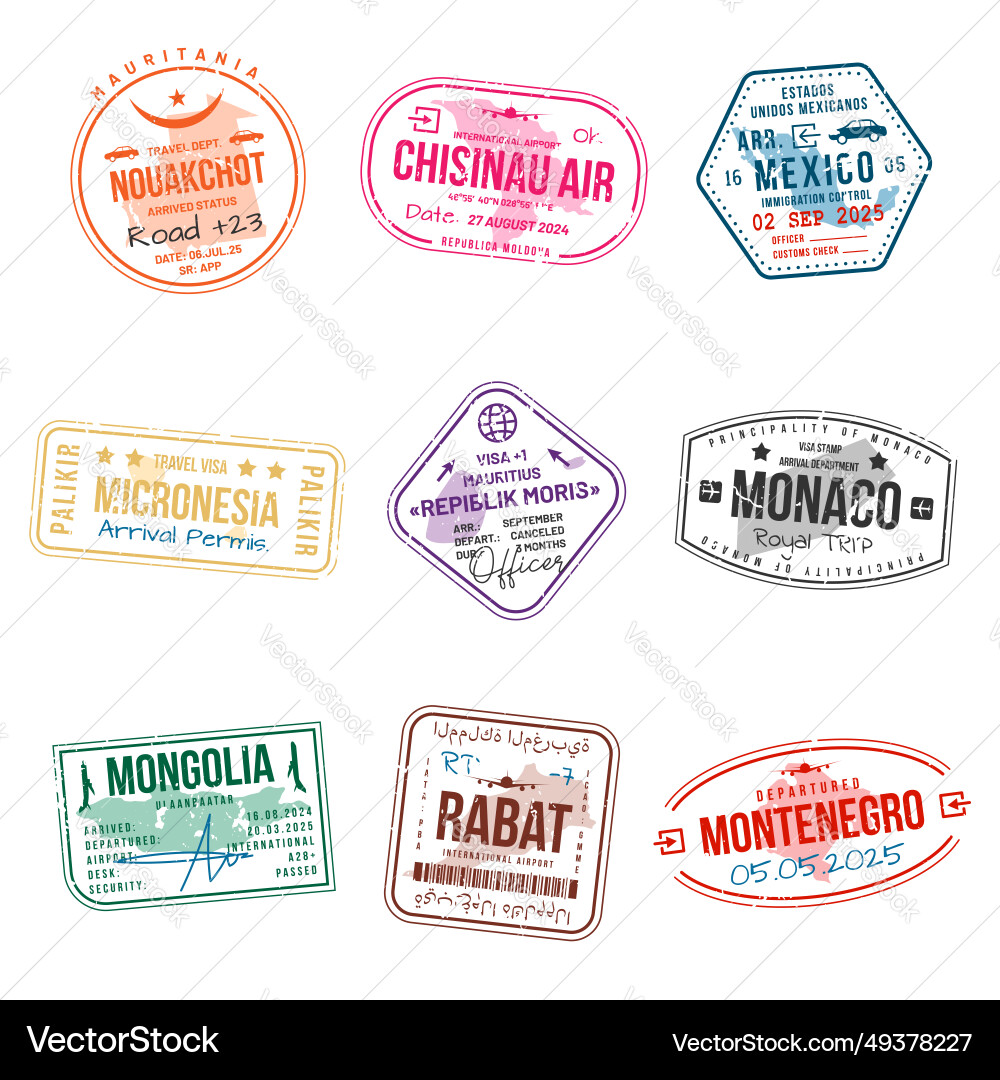 Set of travel visa stamps for passports abstract Set of travel visa stamps for passports abstract vector image