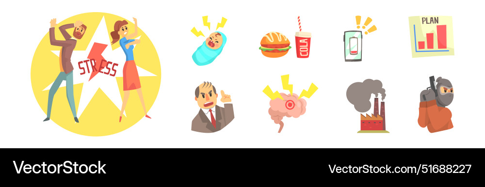Stress different source and cause item set Stress different source and cause item set vector image