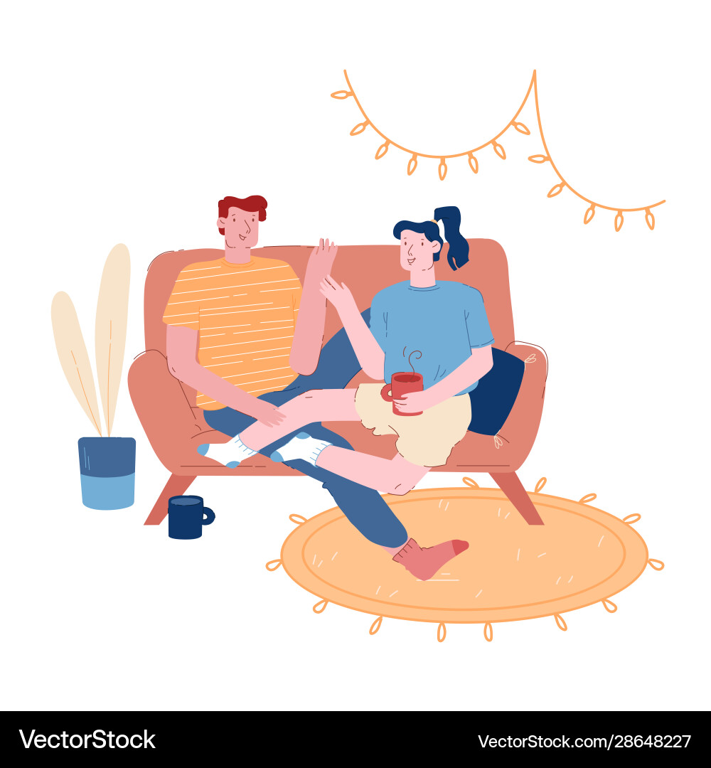 Young loving couple sitting on couch in living Young loving couple sitting on couch in living vector image