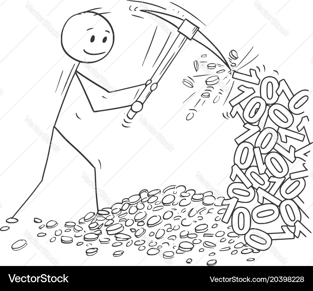 Man Mining Cryptocurrency with Pickaxe vector image