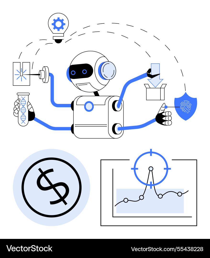 Multifunctional robot performing tasks across Multifunctional robot performing tasks across vector image