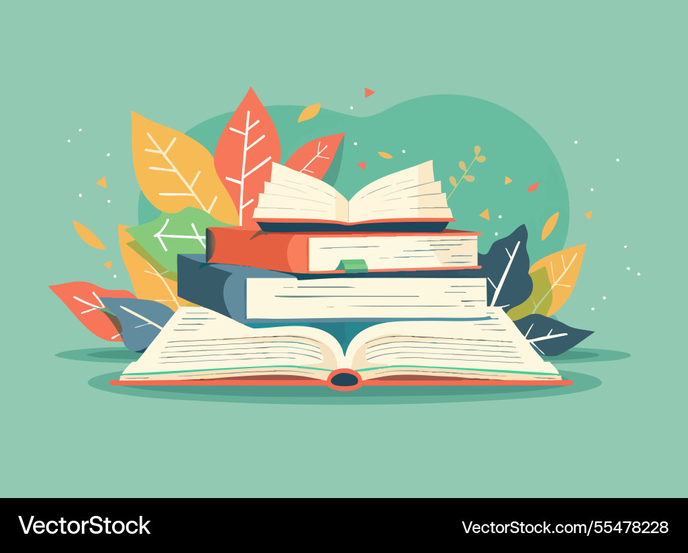 Stack of books and an open book vector image
