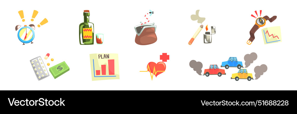 Stress different source and cause item set Stress different source and cause item set vector image