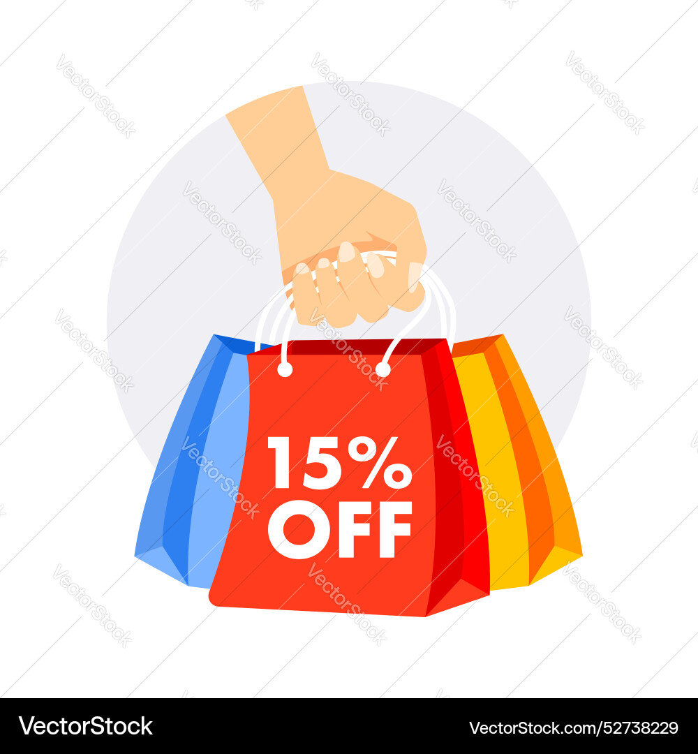 Hand is holding colorful shopping bags with a 15 Hand is holding colorful shopping bags with a 15 vector image