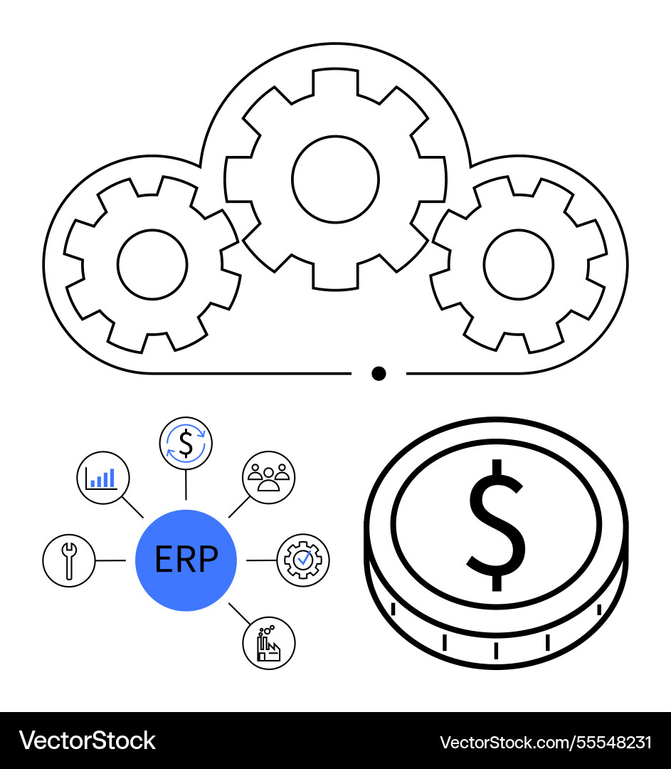 Cloud-based erp system with gears financial coin Cloud-based erp system with gears financial coin vector image
