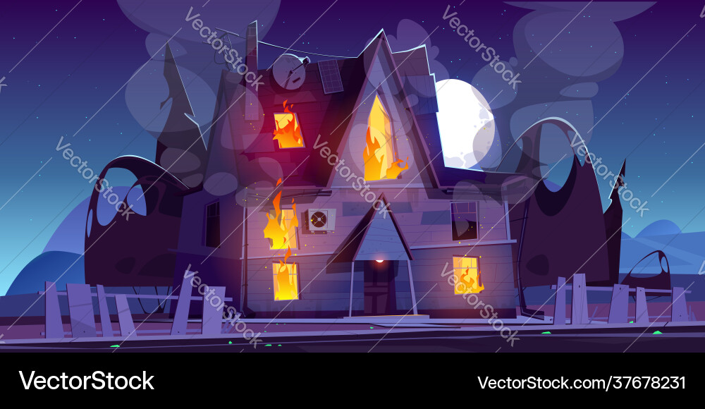 Fire in house at night burning cottage with flame Fire in house at night burning cottage with flame vector image