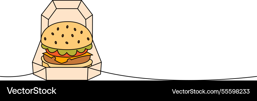 Hamburger in box one line colored continuous Vector Image