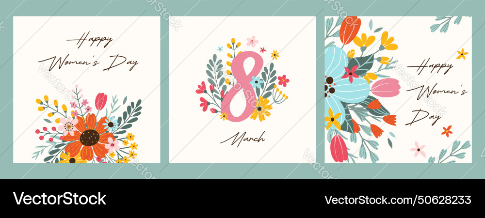 Set 3 quadratische Grußkarten für glückliche Frauen Tag Set 3 quadratische Grußkarten für glückliche Frauen Tag vektorbild