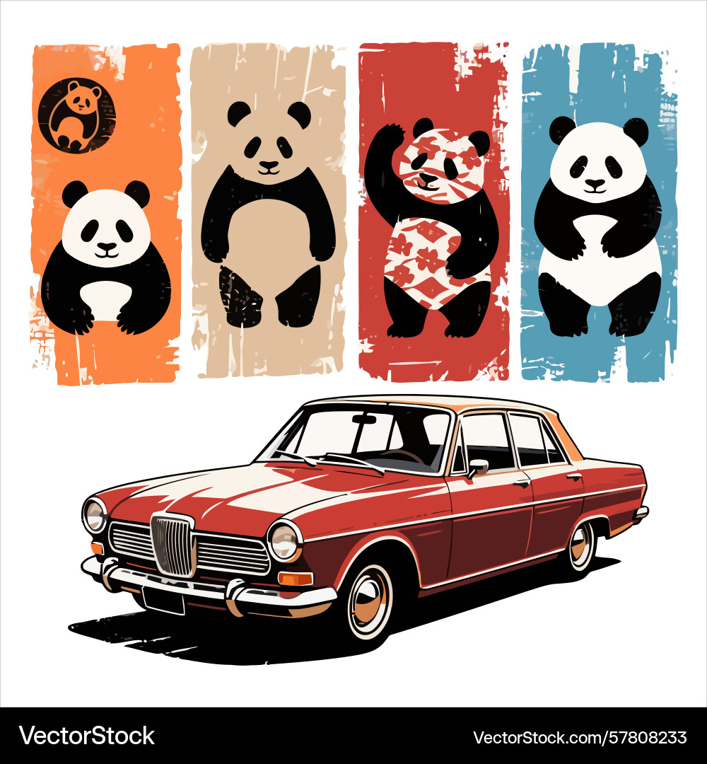 Stylized pandas in colorful panels above Vector Image