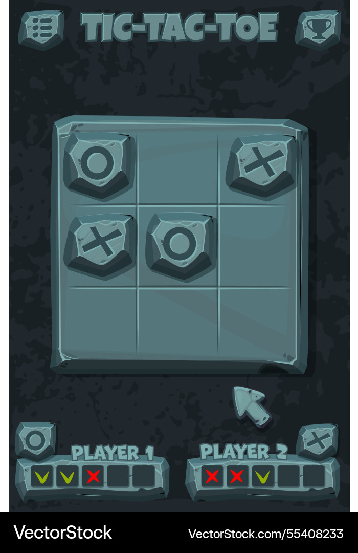 Tic-tac-toe stone style ui game with cursor arrow vector image