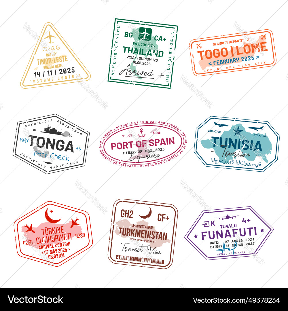 Set of travel visa stamps for passports abstract Set of travel visa stamps for passports abstract vector image