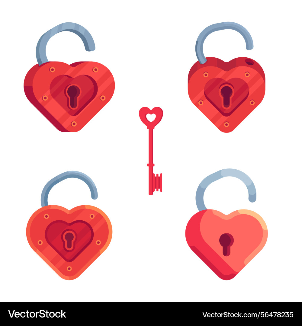 Red open locks in the shape of hearts with a key Vector Image