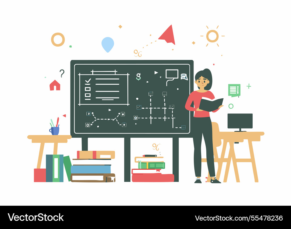 Teacher is standing in front of the blackboard Teacher is standing in front of the blackboard vector image
