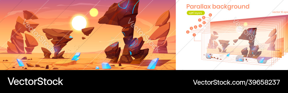 Parallax background alien planet 2d landscape Parallax background alien planet 2d landscape Vector Image