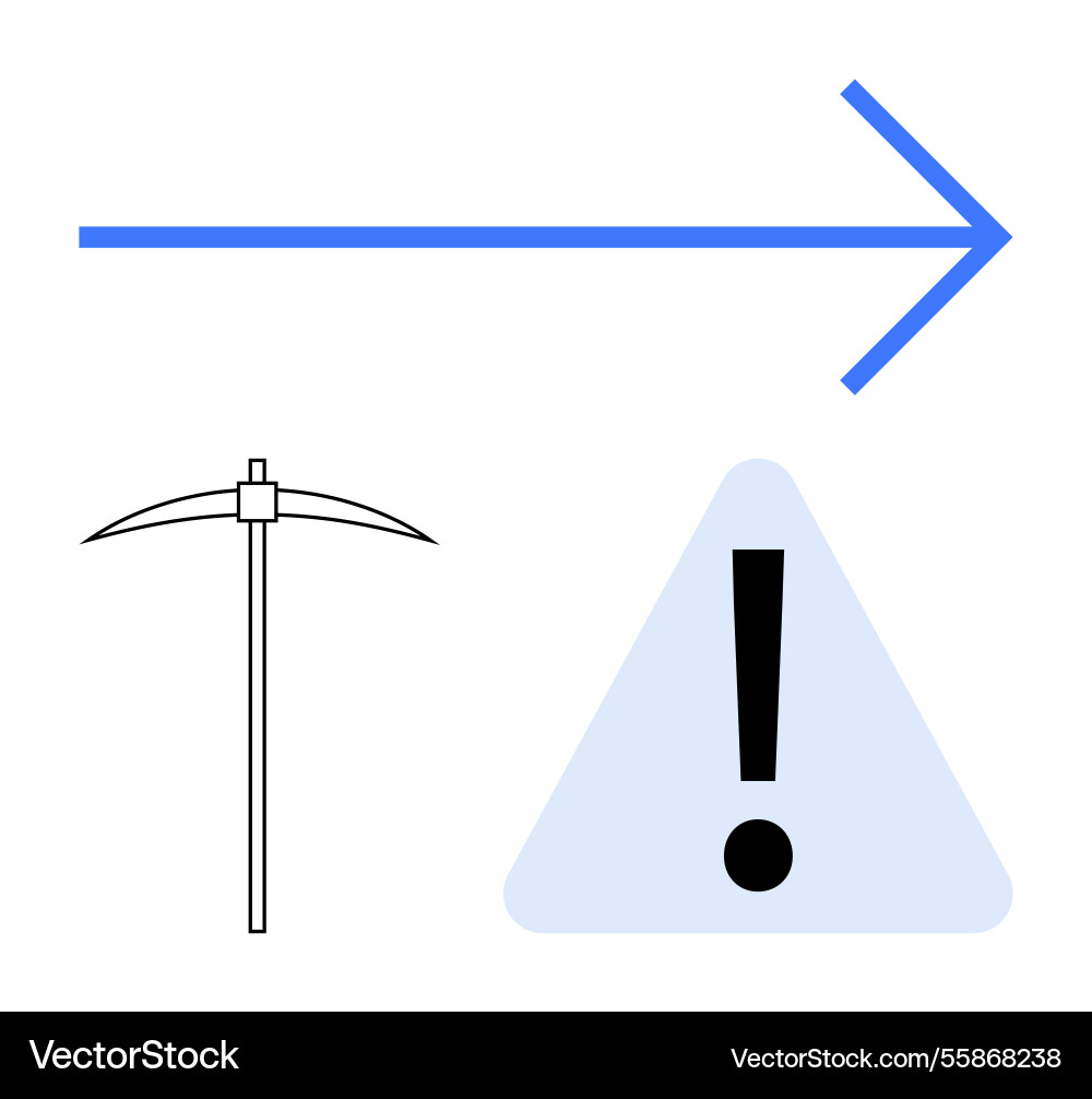Forward arrow with mining pickaxe and warning sign Forward arrow with mining pickaxe and warning sign vector image
