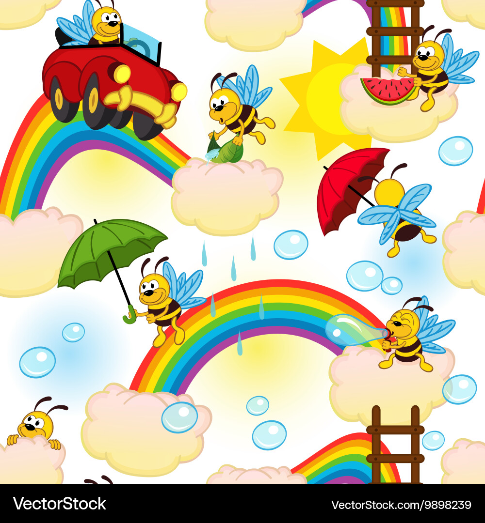 Bee on Rainbow Seamless Pattern vector image