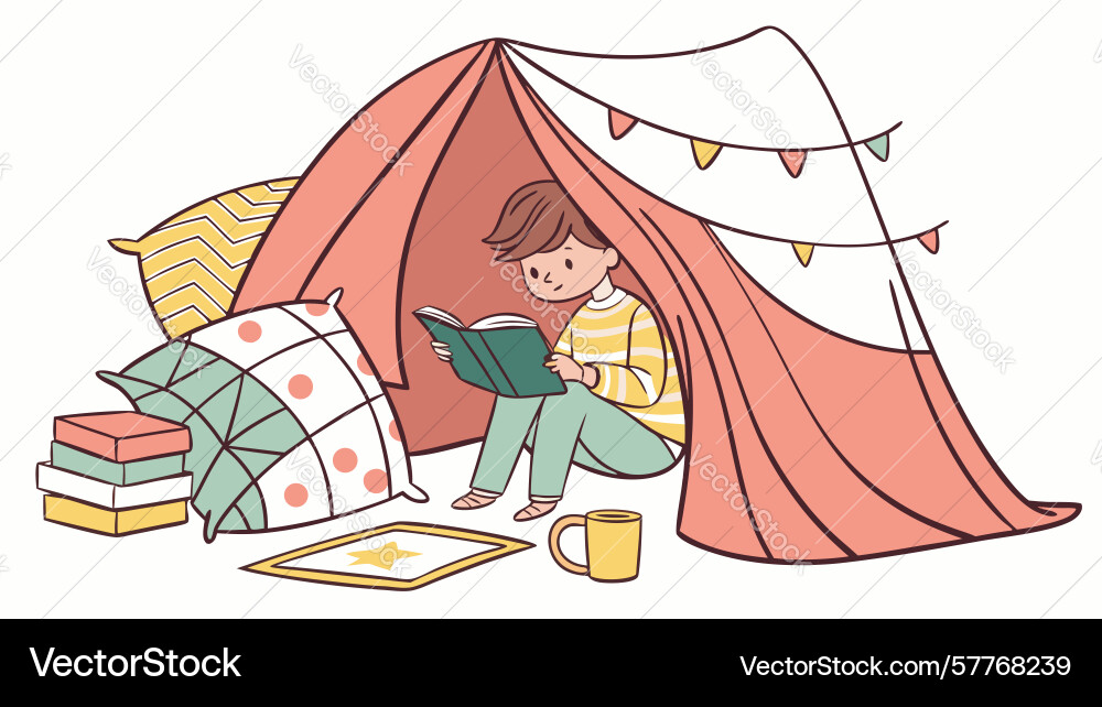 Child reading in a playful tent with string vector image